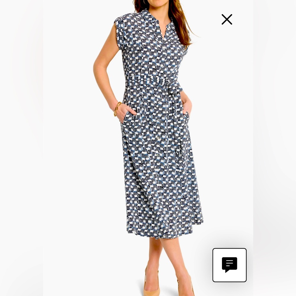 NIC+ZOE Indigo and White Basket Weave Print Belted Midi Shirtdress